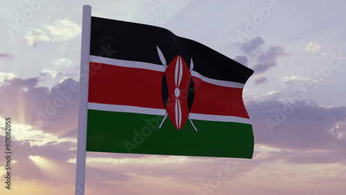 Flag of Kenya in the wind on a sunset sky photo