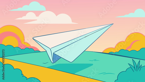 Cartoon Paper Plane Flying Over a Colorful Pastel Landscape © Oksa Art