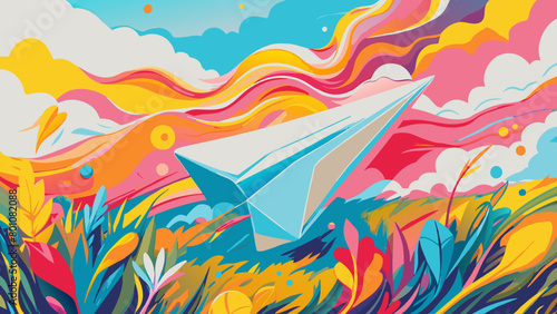 Vibrant Paper Airplane Soaring Over Colorful Fantasy Landscape