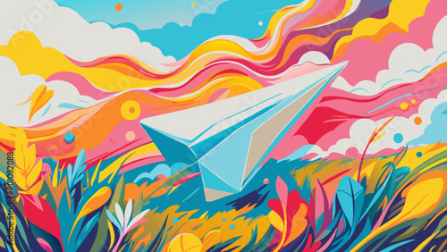 Vibrant Paper Airplane Soaring Over Colorful Fantasy Landscape