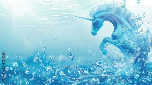 A illustration banner with flows and drops of crystal clear water of light blue color and sea horse, Marine background,A unique and colorful watercolor design featuring a unicorn suitable for decor