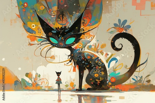 A whimsical cat with elongated limbs and vibrant colors, reminiscent of Salvador Dalí's surrealist paintings photo