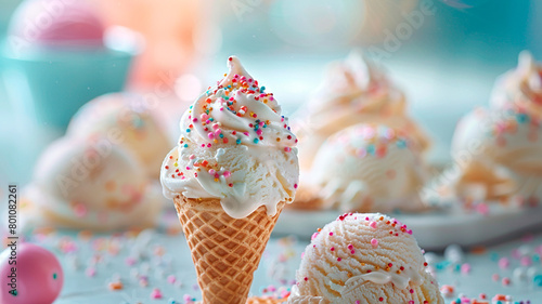 cucurucho relleno de cremosas bolas de helado, coronado con coloridas virutas y un barquillo. photo