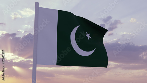 Schilderij op canvas Flag of Pakistan in the wind on a sunset sky