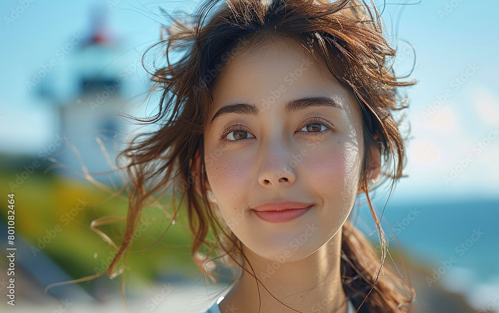 A woman with long brown hair and a smile on her face. She is standing on a beach near a lighthouse A woman with long brown hair and a smile on her face. She is standing on a beach near a lighthouse