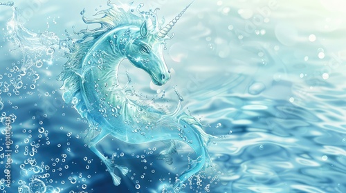 A illustration banner with flows and drops of crystal clear water of light blue color and sea horse, Marine background,A unique and colorful watercolor design featuring a unicorn suitable for decor