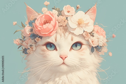 A cat adorned with a crown of flowers, reminiscent of a queen photo