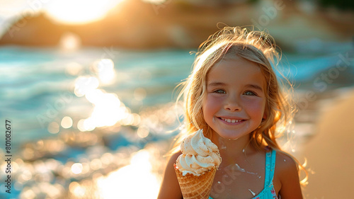 una niña feliz disfrutando de un helado en una soleada playa de verano, capturando la esencia de los momentos despreocupados de las vacaciones.  photo