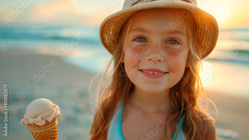 una niña feliz disfrutando de un helado en una soleada playa de verano, capturando la esencia de los momentos despreocupados de las vacaciones.  photo