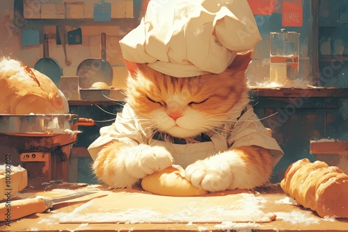 A cat baker kneading dough and shaping pastries, wearing a chef's hat photo