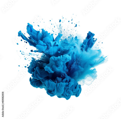A dynamic burst of blue ink diffusing through water, creating an abstract aquatic artwork on a pure transparent background. Generative AI