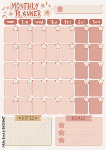 Cute monthly planner with pink cherry blossom. Printable no-date calendar for notes. Kawaii vector stationery