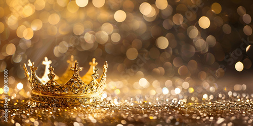 Shiny Golden Queen Crown Adorned Luxury Abstract Background with Glitter Lights and Bokeh © Muhammad
