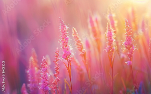 A field of pink flowers with the sun shining on them. The flowers are in full bloom and the sun is casting a warm glow on them. The scene is peaceful and serene  with the flowers