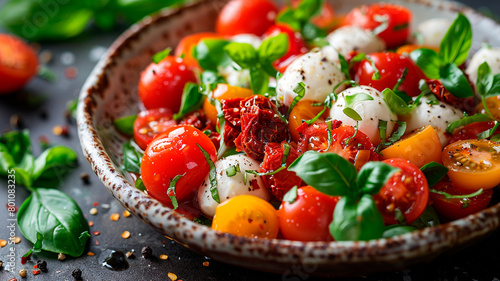 una ensalada de tomates secos con una mezcla de verduras frescas y queso mozzarella, dispuestos en una apetitosa presentación.  photo