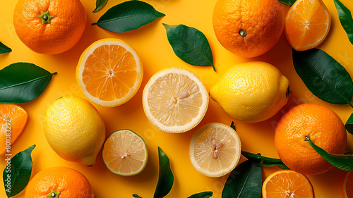 vibrante composición de limones maduros y jugosos, naranjas y hojas verdes dispuestas sobre un fondo amarillo brillante.  photo