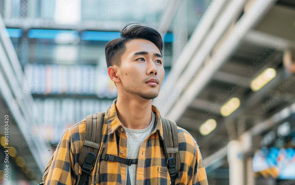 A man wearing a yellow plaid shirt and a backpack is walking down a street. He has a serious look on his face A man wearing a yellow plaid shirt and a backpack is walking down a street. He has a serious look on his face
