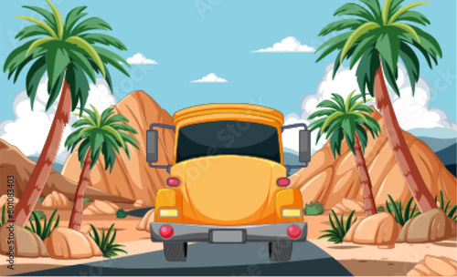 Yellow car traveling through a desert landscape. © blueringmedia