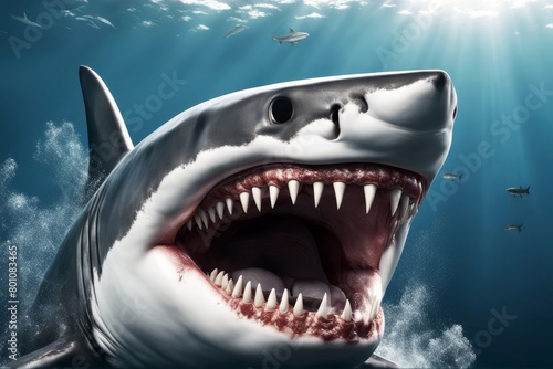  mouth marine rendering predator 3d white shark big open teeth dangerous fish nature ocean reef tropical marin render animal seafood cut-out background graphic attack wild danger life object aquatic 