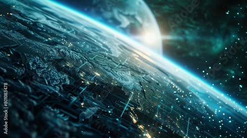 Closeup cyber concept of a planetary colonization project using miraculous terraforming technologies, Sharpen Cinematic tone with blur background and no text, logo brand in photo