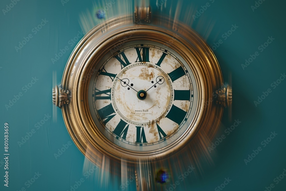 A vintage clock with Roman numerals shows the hands moving counterclockwise against a teal background, creating a sense of motion. section 1