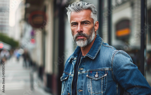 A man with a beard and gray hair is wearing a blue denim jacket. He is standing on a sidewalk in front of a building