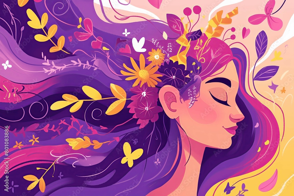 Profile woman purple hair filled with flowers closed eyes illustration