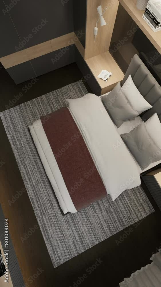 3D rendering. The camera flies around the bedroom in a minimalist style. Vertical format for a phone. Top view 3D rendering. The camera flies around the bedroom in a minimalist style. Vertical format for a phone. Top view