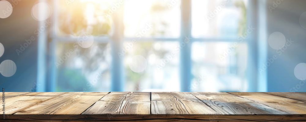 Empty wooden table top with blurred bokeh background of window view and blue color light interior design for product display presentation mockup Empty wooden table top with blurred bokeh background of window view and blue color light interior design for product display presentation mockup