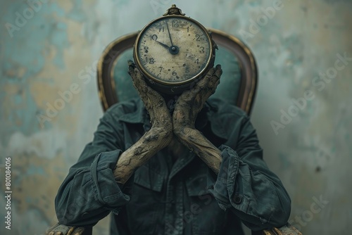 A man with a head made of a clock, his hands constantly ticking away at his life photo
