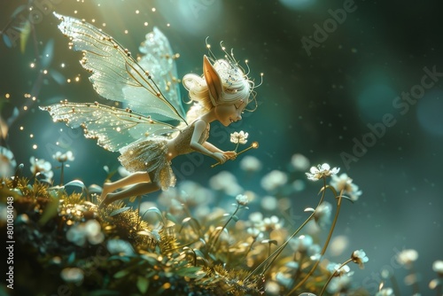 A mischievous fairy mockup featuring a tiny fairy with wings and a magical wand  flying through a forest or perched on a flower