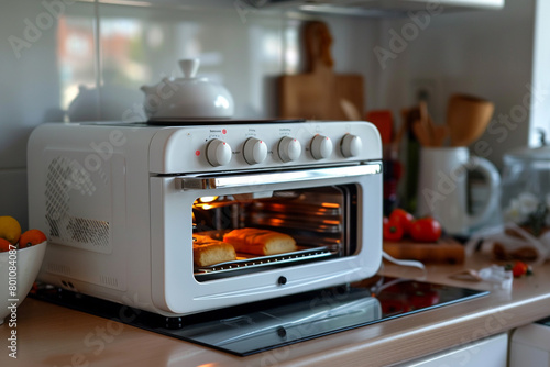A white toaster oven with a broil function, perfect for melting toppings. photo