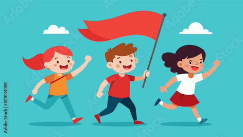 Children gleefully running alongside the flag excitement and wonder in their eyes as they witness this grand display of patriotism.. Vector illustration