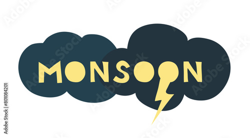 Rainy clouds with hand written text monsoon isolated on white background. Rainy season, overcast clouds and lightning in the rainy season. Monsoon season simple vector illustration