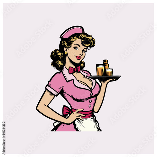 pinup girl waitress bring tray and drinks