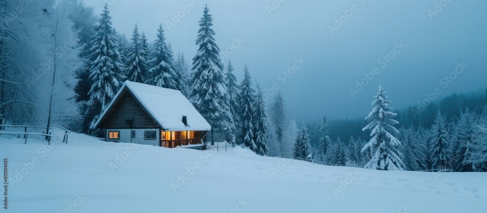 Naklejka premium A winter landscape featuring an isolated wooden cabin