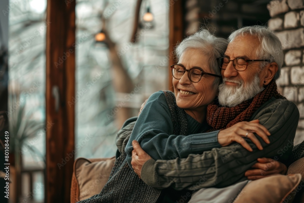 Happy romantic senior couple hugging and enjoying retirement at home, Generative AI
