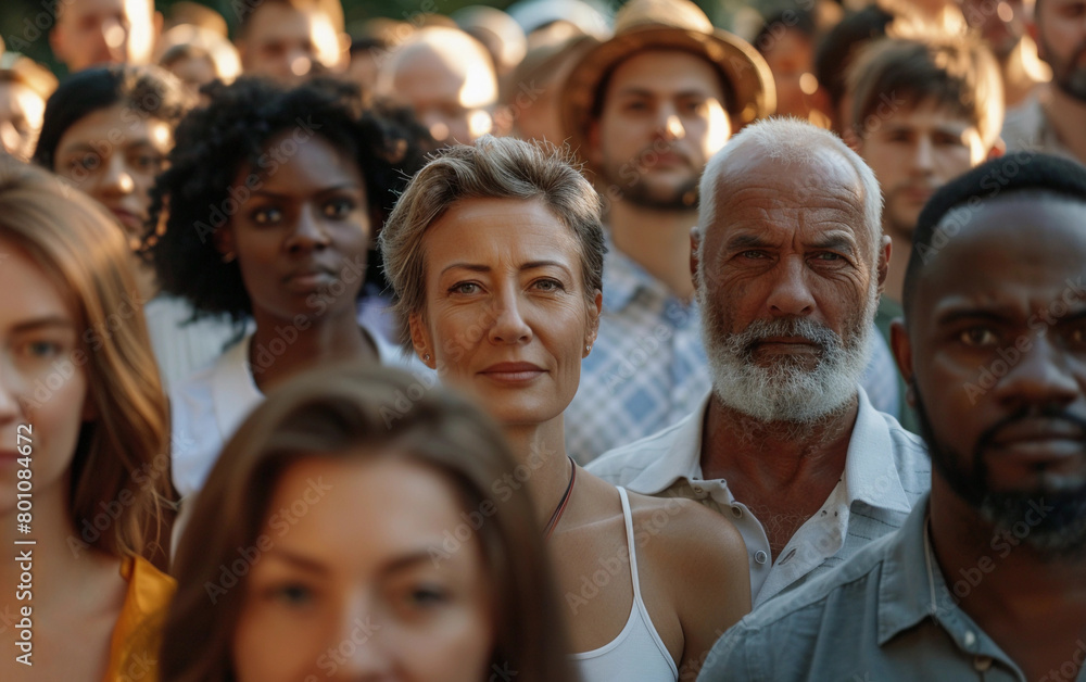 Obraz premium A crowd of people are standing together, with some of them wearing hats. Scene is lively and social, as the people are gathered together in a public space