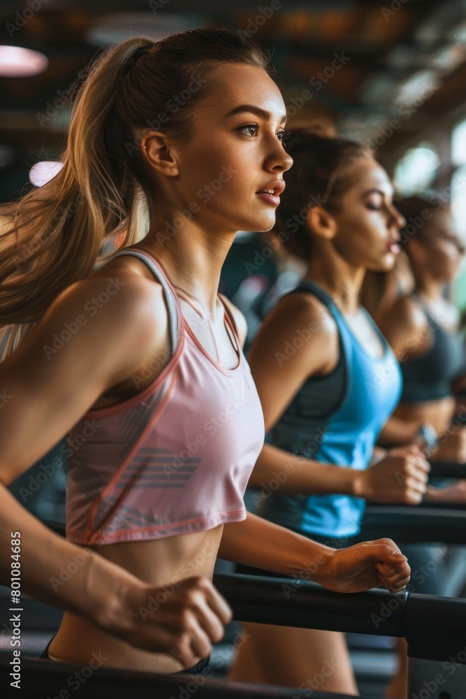 Group of young people running on treadmills in sport gym, Generative AI Group of young people running on treadmills in sport gym, Generative AI