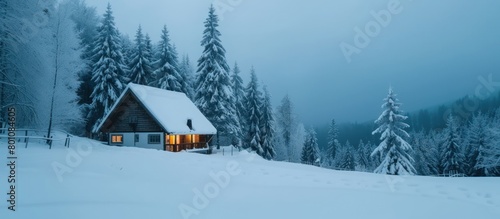 A winter landscape featuring an isolated wooden cabin © zaen_studio