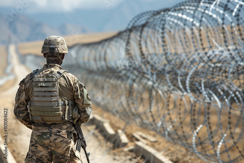 A soldier stands in front of a barbed wire fence. The soldier is wearing a camouflage uniform and a helmet. The fence is tall and made of metal. The scene is set in a desert or a barren landscape