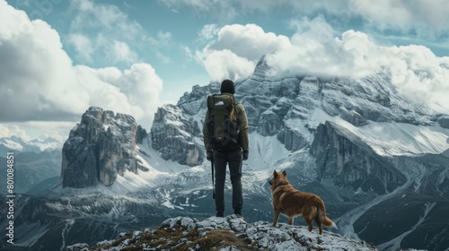 A man and his dog stand on a mountaintop, looking out at a vast landscape of snow-capped mountains.