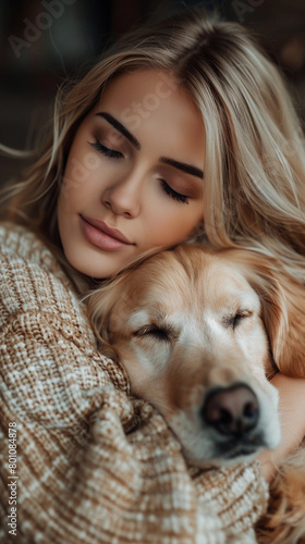 A woman is hugging a dog. The dog is brown and has a white nose