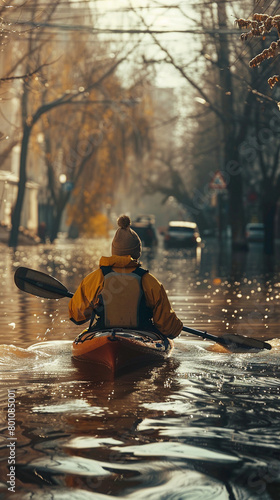 A man in a yellow jacket is paddling a kayak in a flooded street. The scene is dark and moody, with the man's hat and jacket adding to the overall atmosphere © imagineRbc
