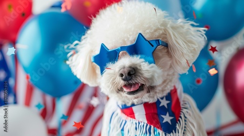 white bichon dog wearing blue star shaped sunglases and stars and stripes scarf with US flag themed blue and red balloons with stars and stripes for 4th of July © World of AI