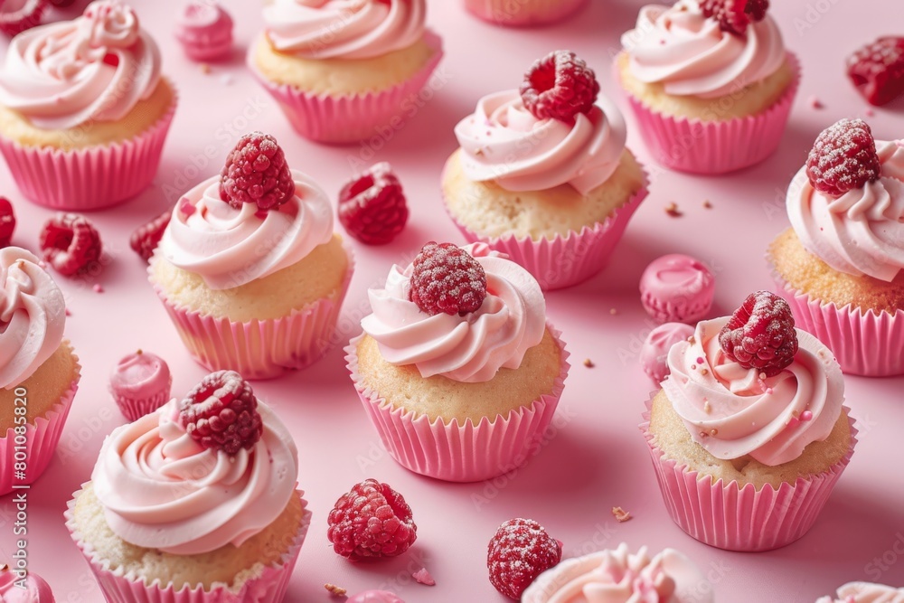 Pink Cupcakes with Raspberries and Cream Topping. Pink Cupcakes with Raspberries and Cream Topping.