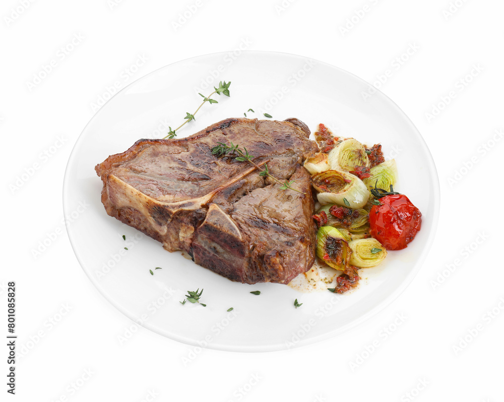 Delicious fried beef meat and vegetables isolated on white Delicious fried beef meat and vegetables isolated on white
