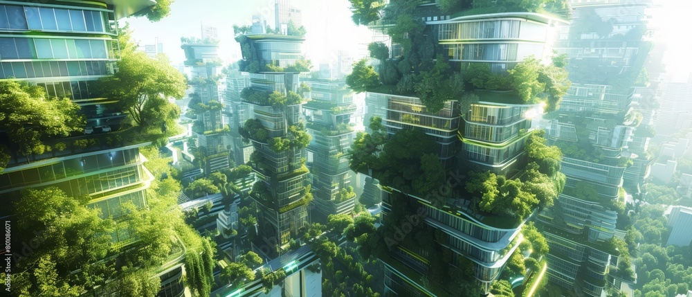 The smart city utilizes advanced technology in its greenerycovered buildings