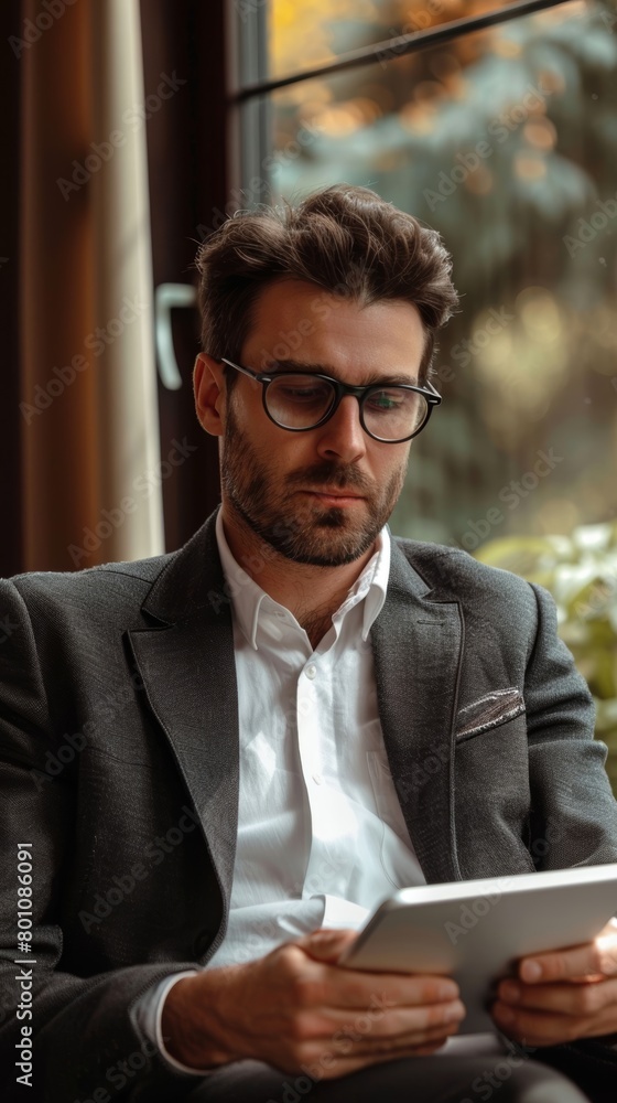 Portrait of young business man working on digital tablet, Generative AI Portrait of young business man working on digital tablet, Generative AI