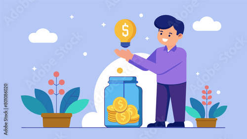 A young entrepreneur adding bills to a jar labeled Business Startup with a picture of a lightbulb.